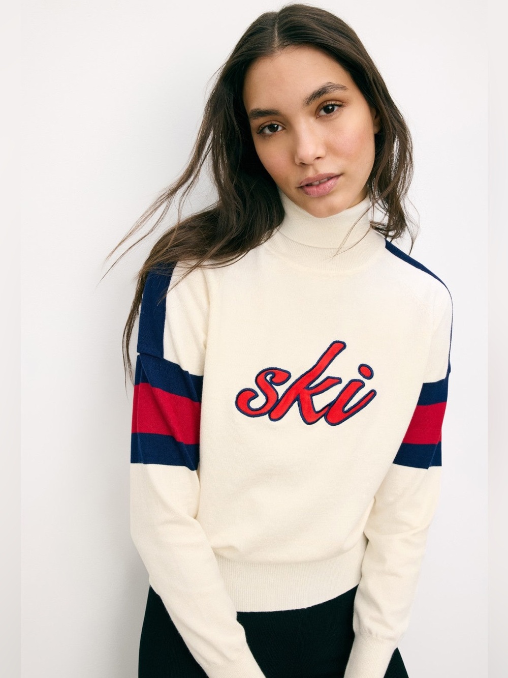 Alexis Cream Turtleneck Sweater with Navy & Red Accents